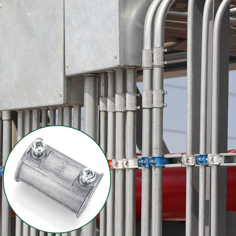 20 Piece Three Quarter Inch EMT Conduit Fittings Set for connecting pipes on factory job site, focus on installed fittings