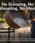 Person removing ash from Cauldron Wood Burning Outdoor Fire Pit For Patio And Backyard Hangouts Round Steel Fire Bowl with ash pan.
