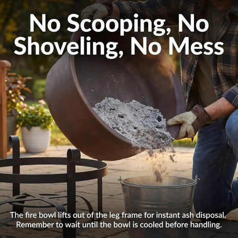 Person removing ash from Cauldron Wood Burning Outdoor Fire Pit For Patio And Backyard Hangouts Round Steel Fire Bowl with ash pan.
