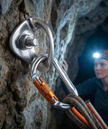 Close-up of 25KN Marine Grade 316 Stainless Steel Climbing Bolt Hanger with carabiner, suitable for top rope climbing and rappelling.