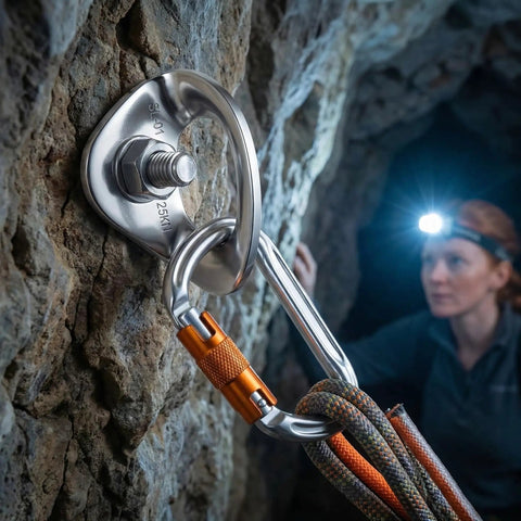 Close-up of 25KN Marine Grade 316 Stainless Steel Climbing Bolt Hanger with carabiner, suitable for top rope climbing and rappelling.