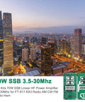 DIY SSB Linear Power Amplifier Kit 3.5-30 MHz, 13.8V, 5W In, 70W Out with city skyline backdrop at sunset