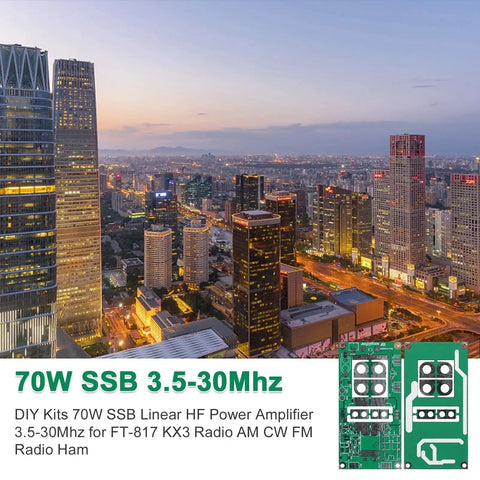 DIY SSB Linear Power Amplifier Kit 3.5-30 MHz, 13.8V, 5W In, 70W Out with city skyline backdrop at sunset