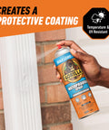 Hand holding Clear Rubberized Waterproof Sealant Spray 14 Ounce That Seals Out Water Air And Moisture with spray aimed at gutter