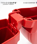 Close-up of a red heavy-duty impact-resistant gate valve lockout kit for 10 to 13 inch valve handles, OSHA compliant.