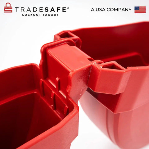 Close-up of a red heavy-duty impact-resistant gate valve lockout kit for 10 to 13 inch valve handles, OSHA compliant.