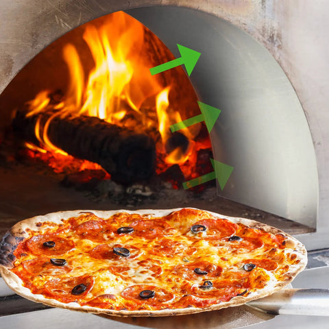 Pizza with pepperoni and black olives near a glowing curved metal kiln door with flames