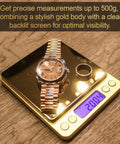 Portable Gold Digital Jewelry Scale 500g High Precision On The Go, Multi Unit Conversion For Grams Ounces Troy Ounces Pennyweight Carats Grains displaying a watch