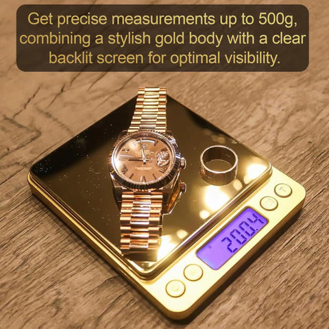 Portable Gold Digital Jewelry Scale 500g High Precision On The Go, Multi Unit Conversion For Grams Ounces Troy Ounces Pennyweight Carats Grains displaying a watch