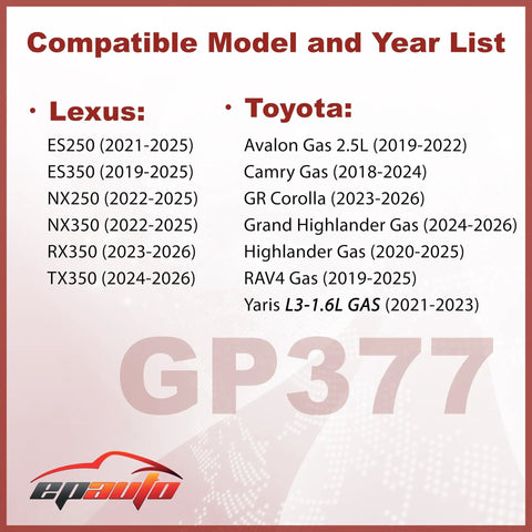 Compatible models list for Engine Air Filter Replacement For Toyota Camry, RAV4, Highlander, Avalon, 2018 to 2025 gas models.