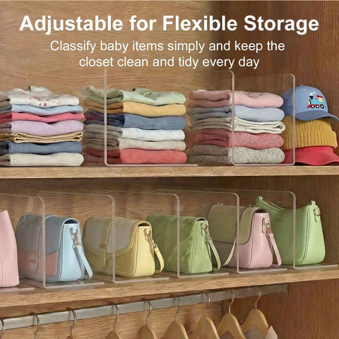 Top Rated Shelf Dividers For Closets And Dressers Compact Six Inch Vertical Blocks keep clothing stacks tidy in a closet.