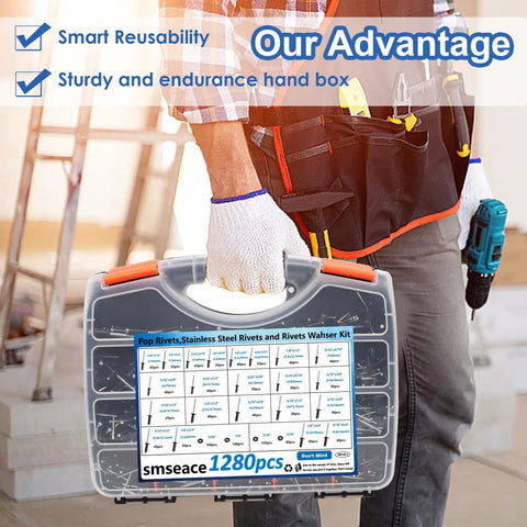 Stainless Steel Black Workhorse Rivet Kit With Pop Rivets And Washers 1280 Pieces held by person in work attire.