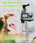 Outdoor Sprinkler Timer For Garden Hose With Large LCD Screen attached to faucet showing water flow and pressure chart