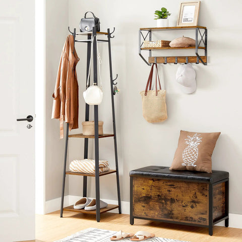 Dope Industrial Coat Rack With Three Shelves And Hooks For Scarves Bags And Umbrellas, Free Standing Hall Tree With Steel Frame in Entryway