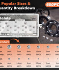 650 Piece 304 Stainless Steel Bearing Balls Set 1mm To 8mm Assortment Kit with size chart and bearings in view