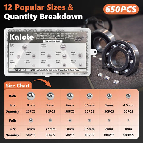 650 Piece 304 Stainless Steel Bearing Balls Set 1mm To 8mm Assortment Kit with size chart and bearings in view