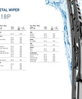 18 Inch All Season Wiper Blades Streak Free Rubber With Graphite Coating Delivers A Clean Wipe Like A Boss With Durable Steel Frame 2 Pack Fits Select Cadillac Chevrolet Ford GMC Hyundai Jeep Mazda Mini Nissan Volkswagen product diagram with water splash