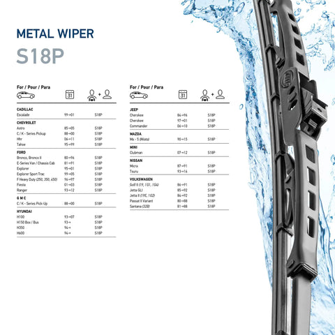 18 Inch All Season Wiper Blades Streak Free Rubber With Graphite Coating Delivers A Clean Wipe Like A Boss With Durable Steel Frame 2 Pack Fits Select Cadillac Chevrolet Ford GMC Hyundai Jeep Mazda Mini Nissan Volkswagen product diagram with water splash