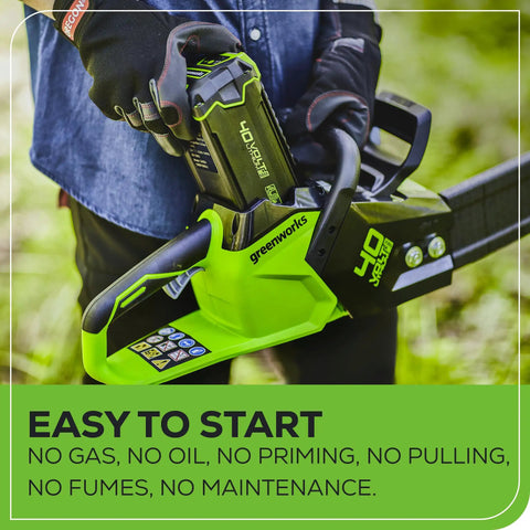 Powerhouse 40V Brushless Cordless Chain Saw With Heavy 16 Inch Bar And Included Battery Pack Straight Out The Box ready for easy yard cleanup.