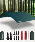 Waterproof Camping Tarp 10x10 Feet Rain Fly Ultralight Portable With UV Protection setup in forest with stakes and ropes.