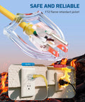 Heavy Duty 25 Foot 12 Gauge 3 Conductor Contractor Extension Cord With Locking Plug For Indoor Outdoor Use Yard Work Ready SJTW 15 Amp 125V 1875W Yellow Jacket LED Lighted Plug ETL Listed Thick 600V Insulation Anti Shed Power Cable with clear LED-lit plug showing flame-resistant properties.