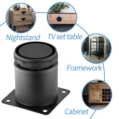 2.5 Inch Heavy Duty Adjustable Black Stainless Steel Furniture Leg with examples of installation on nightstand and cabinet