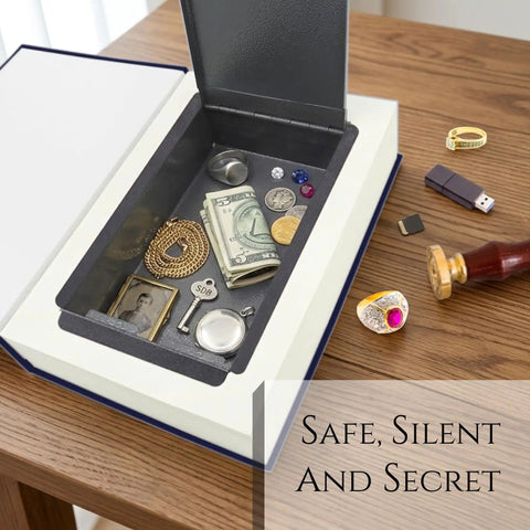 Open hideaway book safe with combination lock, showing cash and jewelry inside, resembling a Beauty and the Beast novel on a desk.