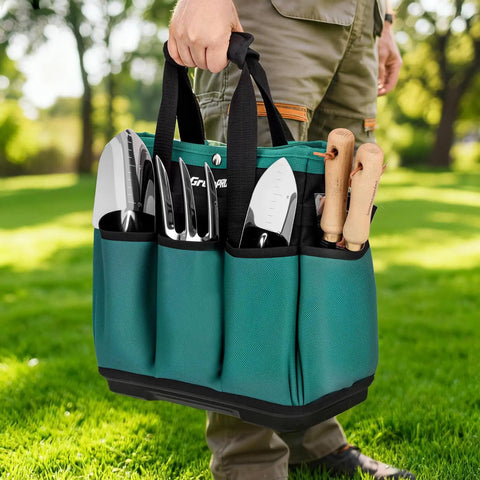 Heavy Duty Garden Tool Tote With Molded Bottom And 10 Pockets Reinforced Go To Workhorse Tool Bag Top Snap Closures carried outdoors