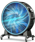 Badass Industrial Floor Fan Built Tough With Premium Permanent Magnet Motor Generates Smooth Six Blade Turbine Airflow Up To 73000 Cubic Meters Per Hour Nonstop For Big Job Sites Daily on wheels with blue design.