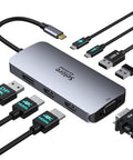 Front view of USB C Docking Station Beast For 3 Monitor Setup With Dual HDMI And DisplayPort Plus VGA, 100W PD Charging, 2 USB 2.0 Ports