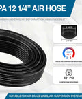 1/4 Inch Air Line Tubing Nylon PA12 Hose 32.8Ft DOT Approved For Truck Trailer And Industrial Use High Pressure Flexible Pneumatic Line Black With 150 PSI Working And 435 PSI Max 40mm Bend Radius Minus 40F To 200F shown coiled, with temperature and PSI details