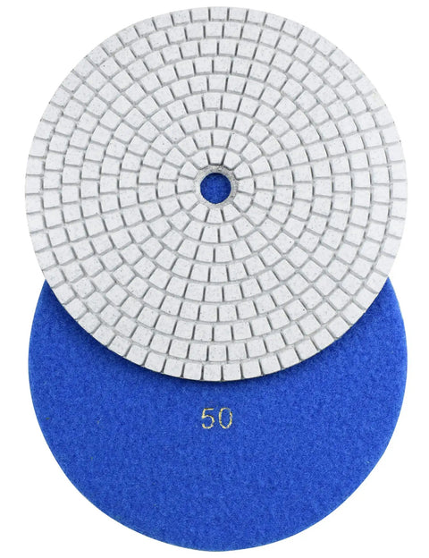7 Inch Wet Diamond Polishing Pad Set, 7 Pieces, Grit 50 to 3000, Velcro Backed, pro grade resin bonded pads showing grit 50 close-up