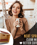 Woman smiling with coffee mug, inset of AeroPress Organizer Stand Bamboo Coffee Caddy Station For AeroPress Accessories.