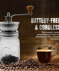 Mason Jar Coffee Grinder Lid With Manual Crank Burr Grinder, fits regular mouth jars, features rust-proof ceramic mechanism.