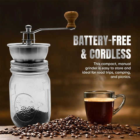 Mason Jar Coffee Grinder Lid With Manual Crank Burr Grinder, fits regular mouth jars, features rust-proof ceramic mechanism.