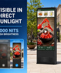 55 Inch Outdoor Digital Signage Kiosk With 3000 Nits Sun Crushing Lcd Display showing vibrant seafood menu in sunlight.