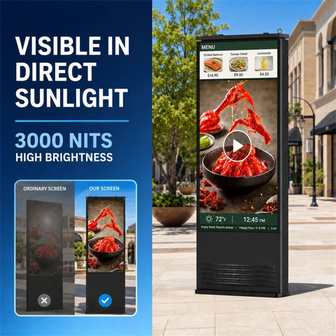 55 Inch Outdoor Digital Signage Kiosk With 3000 Nits Sun Crushing Lcd Display showing vibrant seafood menu in sunlight.