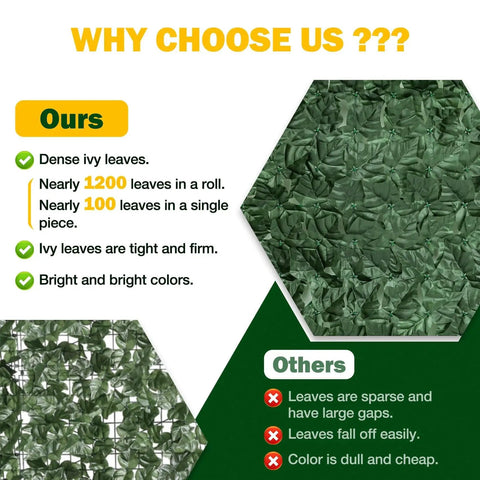 Comparison of Dense Leaf Ivy Privacy Fence Screen 120x40 Inches No Gap Faux Ivy Wall Panel with competitor's product.