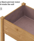 Close-up of a Wooden Raised Garden Bed With Legs And Two Tiers, Heavy Duty Planter Box for Backyard Patio Balcony, showing liner and brown finish.