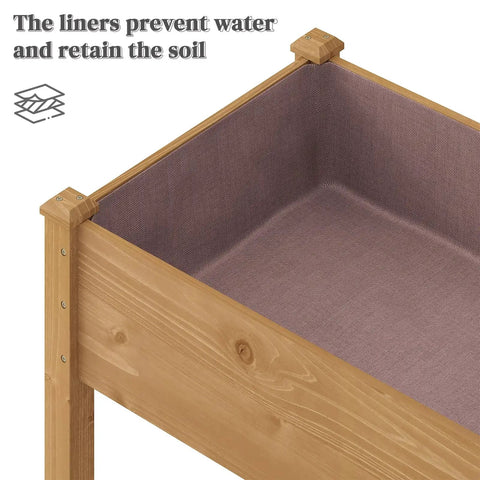 Close-up of a Wooden Raised Garden Bed With Legs And Two Tiers, Heavy Duty Planter Box for Backyard Patio Balcony, showing liner and brown finish.