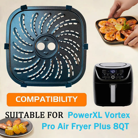 Upgraded Heavy Duty 8QT Air Fryer Grill Plate With Killer Nonstick Coating Compatible Perfect Fit Crisper Tray Rack Insert For PowerXL Vortex Pro. Top view of carbon steel crisper plate.