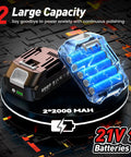 Cordless Car Buffer Polisher Kit With 2x2000mAh 21V Batteries showing large capacity layout