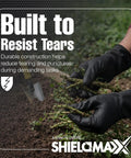 Black Nitrile Work Gloves Deliver Badass Heavy Duty Protection With A Raised Diamond Pattern For Sick Non Slip Grip Perfect For Auto Repair Plumbing And Garage Projects Requiring Tough Armor For Daily Hustle Workers, hands gripping branches outdoors.