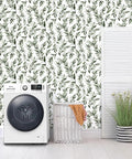 Laundry room with Green Leaf Peel And Stick Wallpaper Floral Contact Paper Self Adhesive Removable Wall Cover 17.7 Inches By 118.1 Inches Tropical Vintage Flower Design for Bathroom Kitchen Cabinets, accented with washer, basket, and plant