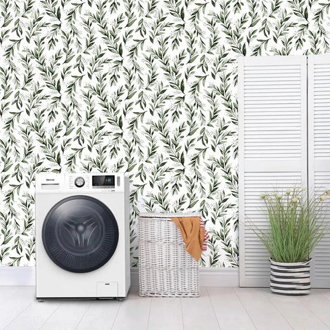 Laundry room with Green Leaf Peel And Stick Wallpaper Floral Contact Paper Self Adhesive Removable Wall Cover 17.7 Inches By 118.1 Inches Tropical Vintage Flower Design for Bathroom Kitchen Cabinets, accented with washer, basket, and plant