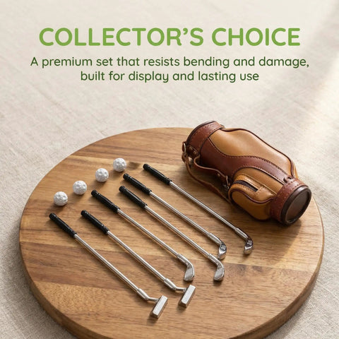 Alloy Mini Golf Club Set With Six Clubs And Four Balls for Dollhouse Dioramas, silver clubs and balls with leather bag on wood surface.