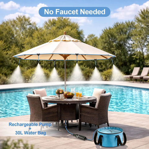 Portable Outdoor Misting System With Rechargeable Pump 23 Feet Of Mist Tubing 6 Adjustable Nozzles 30L Foldable Water Bag No Faucet Needed