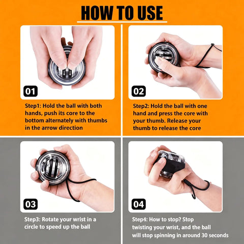 Grip Strength Gyro Ball Exerciser With LED Lights No Batteries Needed Portable Carry Bag for wrist training, shown in 4-step use guide