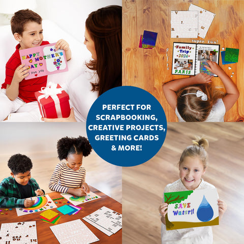 Children using Foil Fun Letter And Number Sticker Set For Mess Free Arts And Crafts Projects, creating cards and scrapbooks.