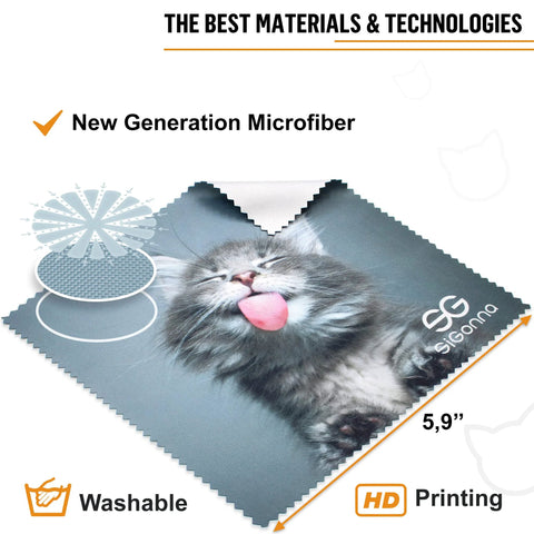 Microfiber cleaning cloth for glasses with cat print; blue-gray, 5.9-inch square, washable; for phones and screens
